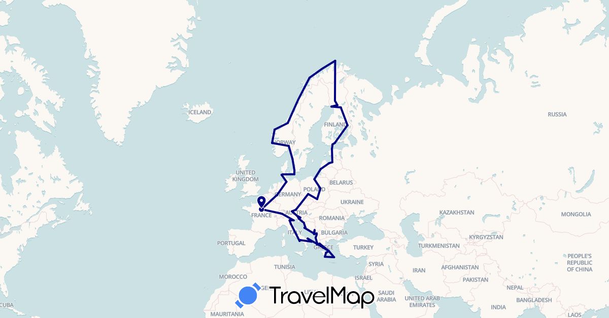 TravelMap itinerary: driving in Albania, Austria, Switzerland, Germany, Denmark, Estonia, Finland, France, Greece, Croatia, Italy, Lithuania, Latvia, Montenegro, Norway, Poland, Sweden, Slovenia (Europe)